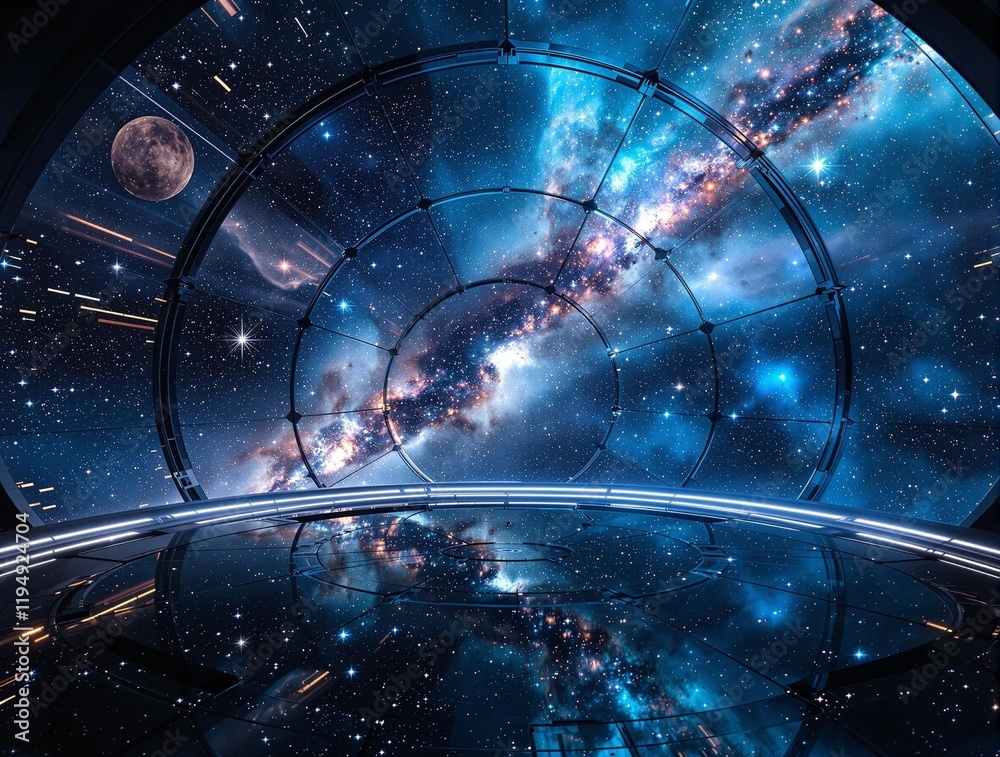 Aufkleber abstract representation of a futuristic space station or a similar structure floating in the vastness of space. The design includes elements of outer space, such as stars and the Milky Way, suggesting