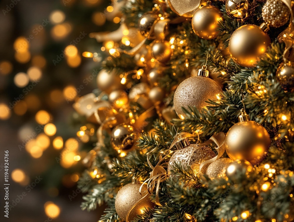 Poster christmas tree adorned with golden ornaments, lights, and tinsel, creating a festive and warm atmosp