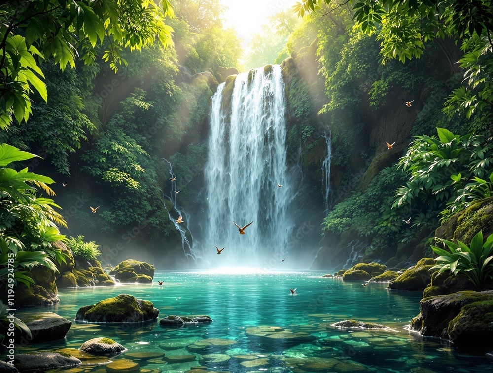 Poster serene and picturesque scene of a waterfall cascading into a tranquil pool surrounded by lush greene