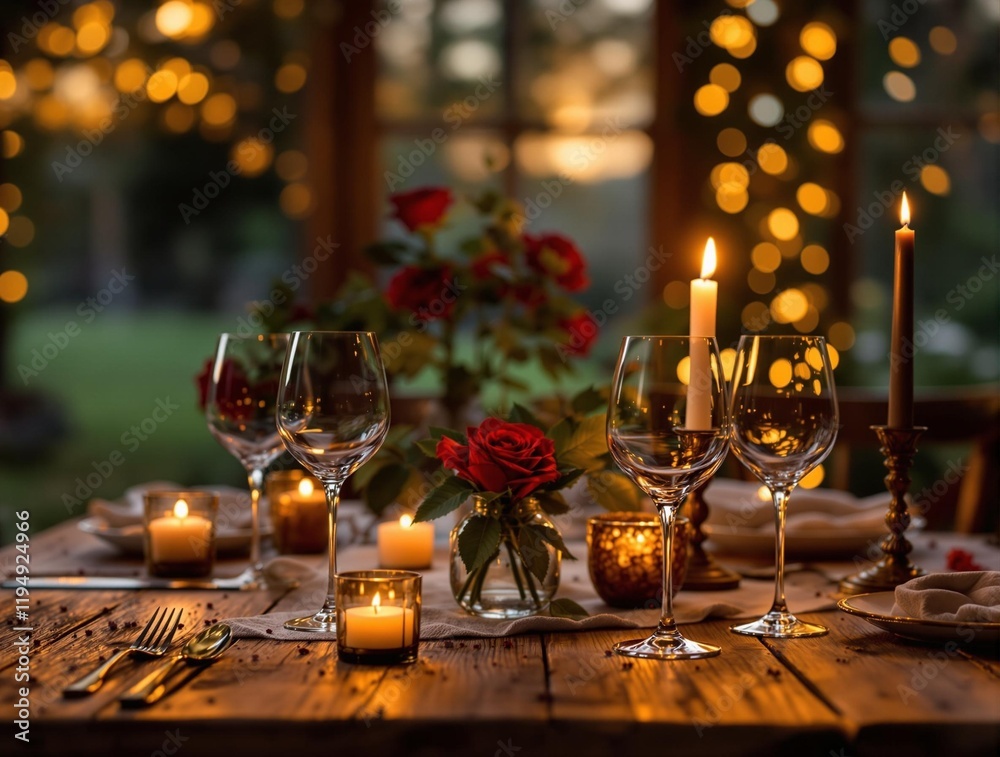 Poster rustic table setting with a wooden surface, adorned with a vase of red roses, candle holders with li