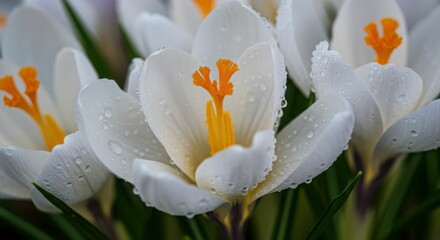 Obraz premium Close-up of white crocus flowers with dew drops
