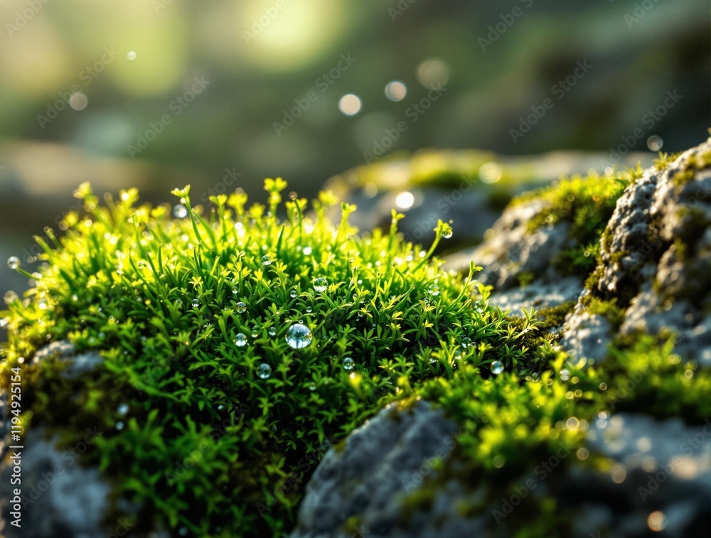 Aufkleber close-up of green moss on a rock surface with a blurry background, possibly in a natural setting. th