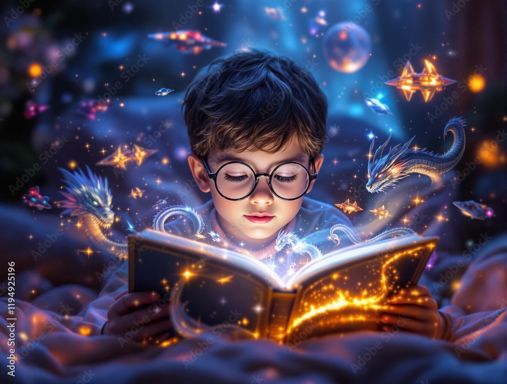 Poster young boy with glasses, engrossed in reading a magical book that is shining with light and surrounde