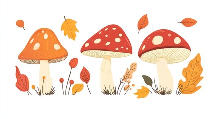 Autumn mushrooms, decorative illustration, fall foliage, nature scene, illustration for children's book or greeting card