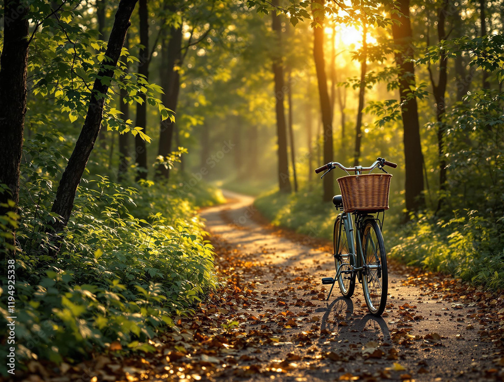 Poster bicycle with a basket parked on a wooded path with fallen leaves, backlit by the setting sun.