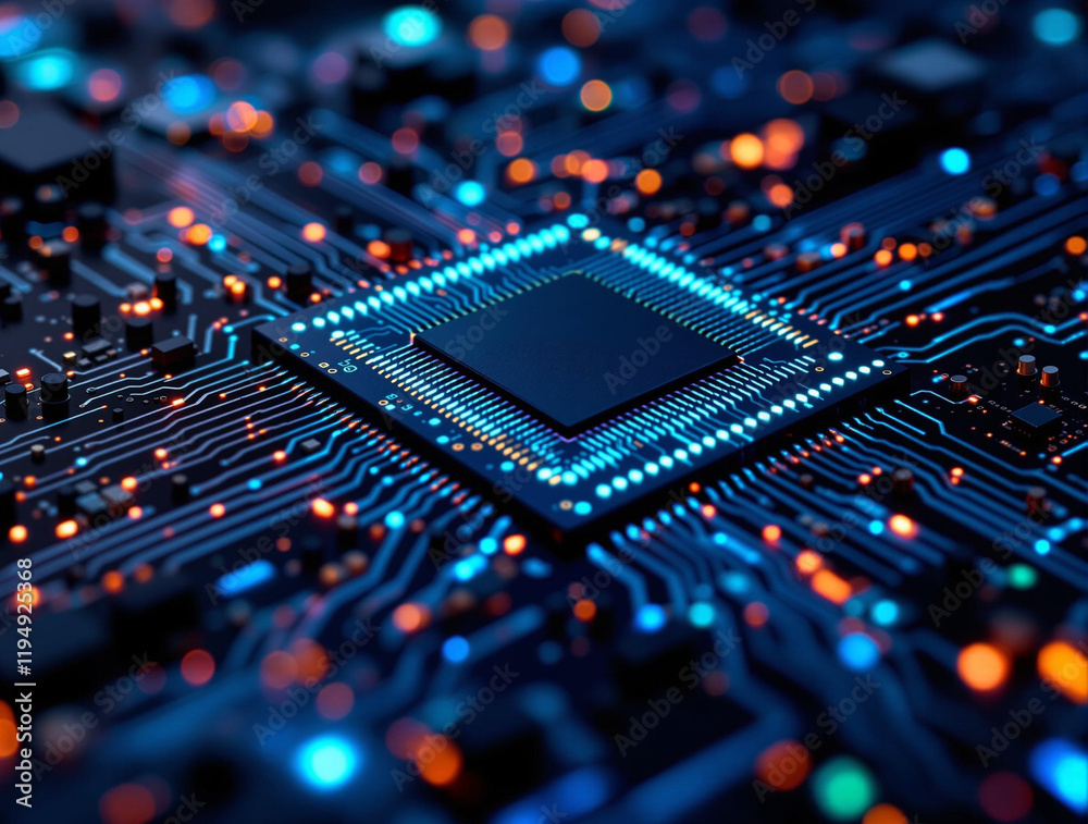 Poster close-up of a computer circuit board with a glowing blue and orange circuit pattern. The central focus is a small, shiny, rectangular component, likely a microchip or processor.