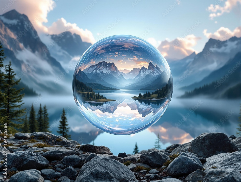 Poster a crystal ball is placed on a rocky shore, reflecting the image of the sky and mountains behind it. 