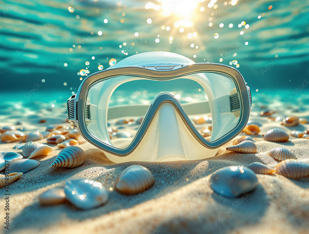 Poster diving mask lying on the sandy bottom of the ocean, surrounded by seashells and with the sun shining