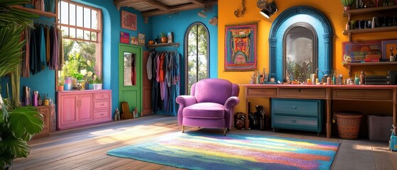 [Eclectic living room with colorful furniture and decor] Vibrant Colorful Retro-Inspired Studio Living Room Interior with Natural Light and Playful Decor