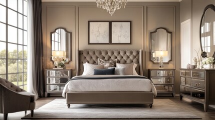 Elegant bedroom featuring a velvet bed, mirrored side tables, and soft lighting, styled for a luxurious and hotel-inspired atmosphere