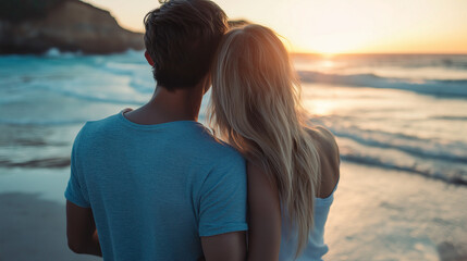 Couple enjoying beach sunset together. Perfect for romance and travel lifestyle content