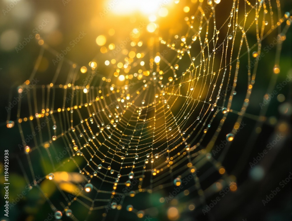 Poster spider web glistening with dewdrops, backlit by a vibrant, warm sun, creating a beautiful bokeh effe