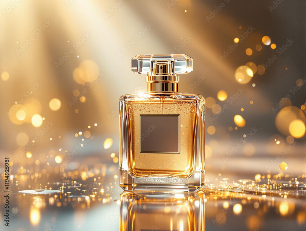 Poster bottle of perfume or cologne with a gold cap and label, placed on a reflective surface, with the bot