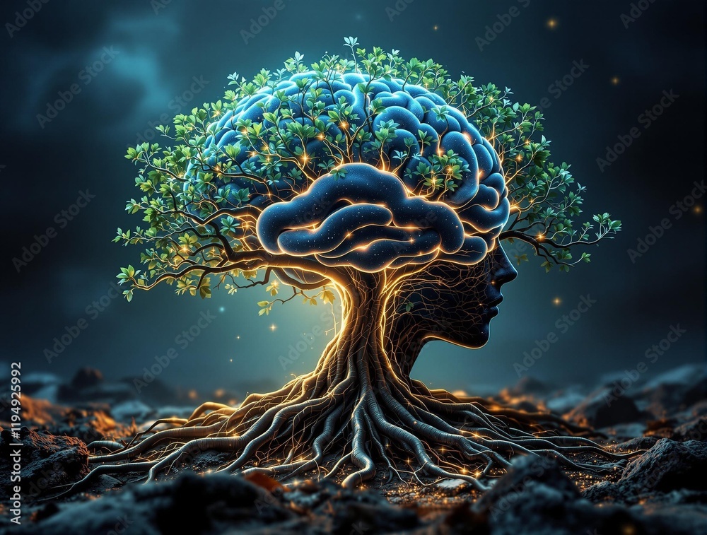 Aufkleber surreal scene where a human head with roots emerging from it, resembling a tree, is set against a dark, rocky background. The roots and branches are intertwined, creating a sense of connection between