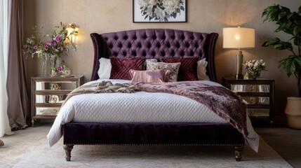 Elegant bedroom featuring a velvet bed, mirrored side tables, and soft lighting, styled for a luxurious and hotel-inspired atmosphere