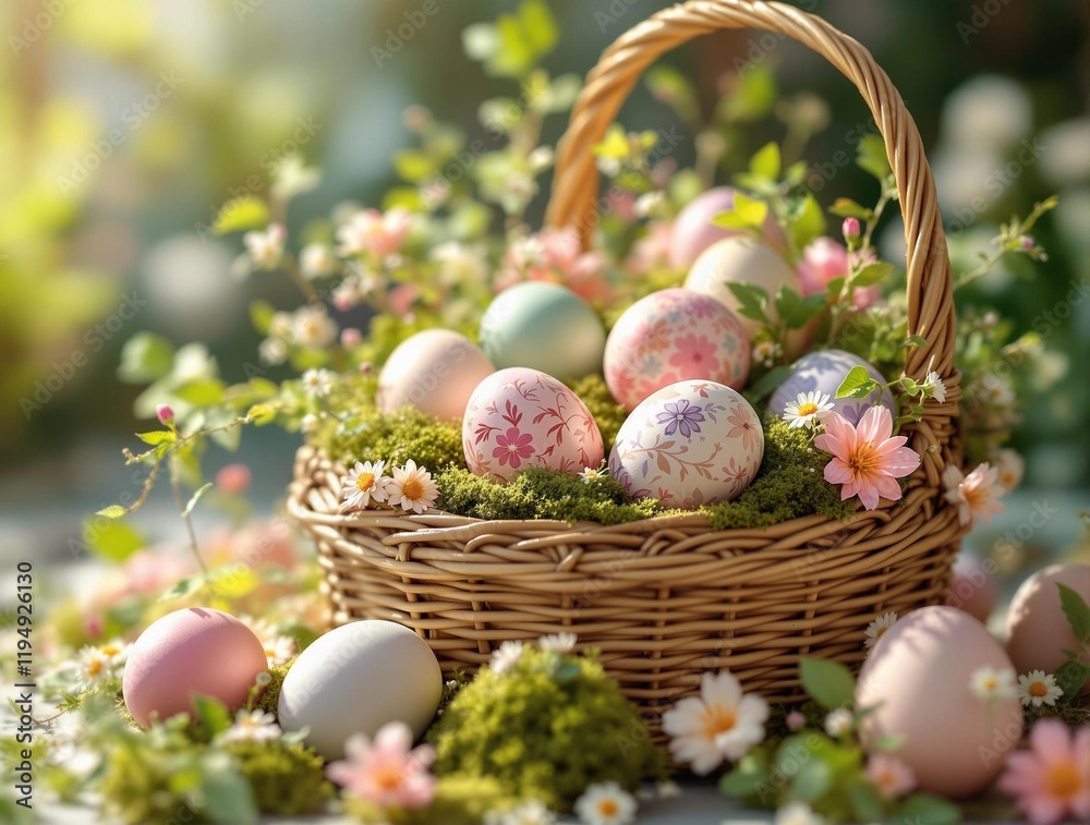 Poster basket filled with colorful easter eggs, accompanied by flowers and greenery. the background is blur
