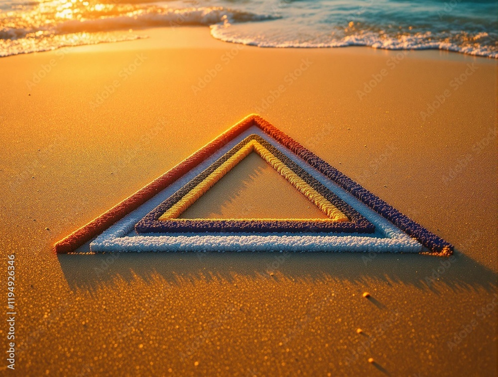 Aufkleber triangle-shaped object on the sandy beach with the sun setting in the background, casting a warm glo