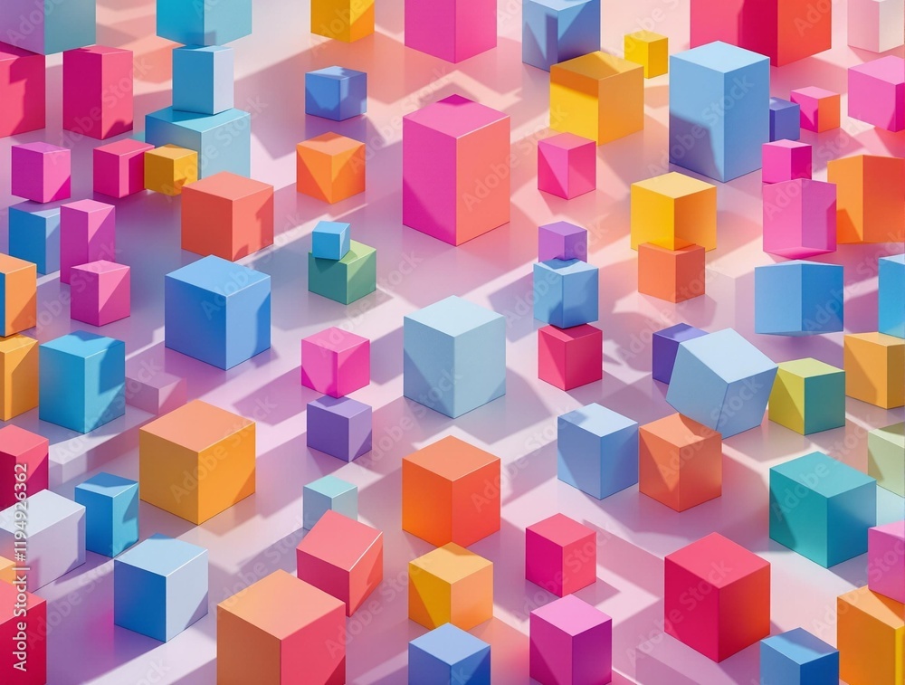 Poster abstract 3D representation featuring a variety of brightly colored cubes in different shapes and sizes scattered throughout the space, creating a visually engaging and dynamic composition.