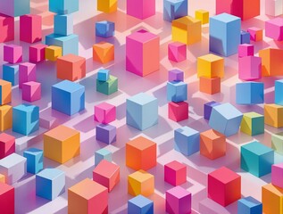 Obraz premium abstract 3D representation featuring a variety of brightly colored cubes in different shapes and sizes scattered throughout the space, creating a visually engaging and dynamic composition.