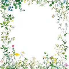 Delicate Wildflowers and Green Leaves Frame Nature Setting Floral Design Outdoor Environment Close-Up Botanical Concept