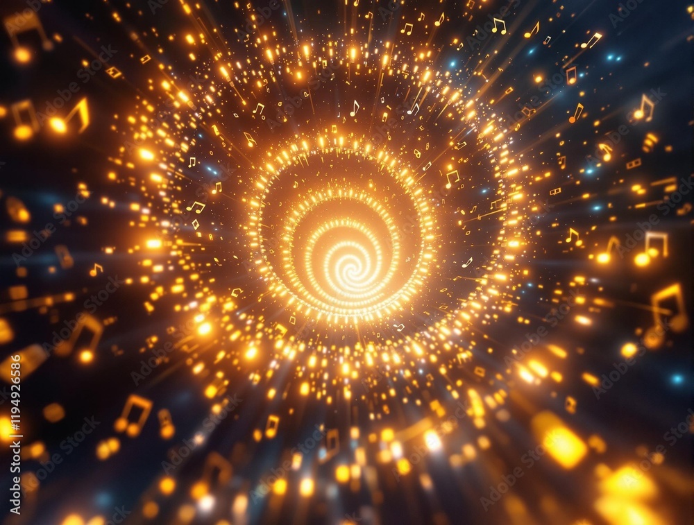 Poster swirling, spiral pattern filled with bright, sparkling lights and musical notes, creating a dynamic and vibrant visual effect.