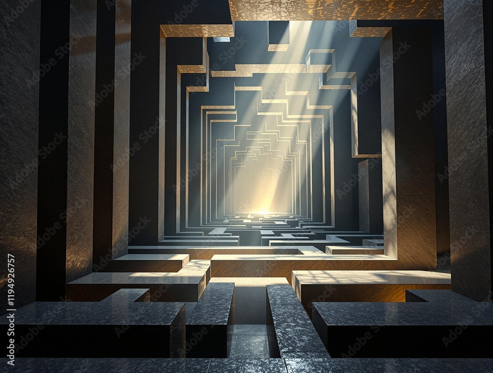 Poster futuristic scene with geometric shapes and a beam of light shining through a gap in the structure.