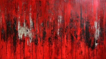 A vibrant red grunge wall with streaks, smudges, and chipped paint, offering a textured, dramatic backdrop for creative use.