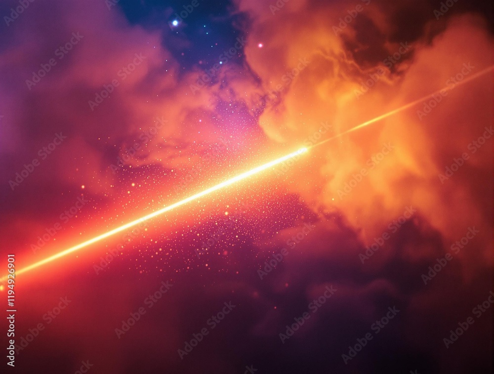 Aufkleber digital artwork with a laser beam emerging from the left side, cutting through a background of swirling clouds and stars, creating an intense and dynamic visual effect.