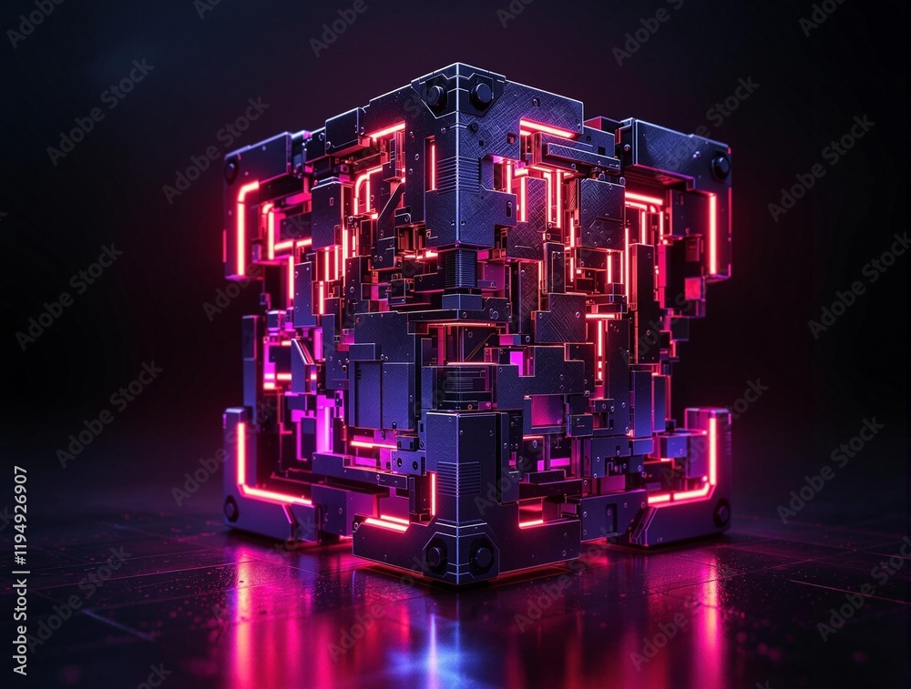 Poster futuristic, geometric structure with intricate details and vibrant red and blue lighting. the struct