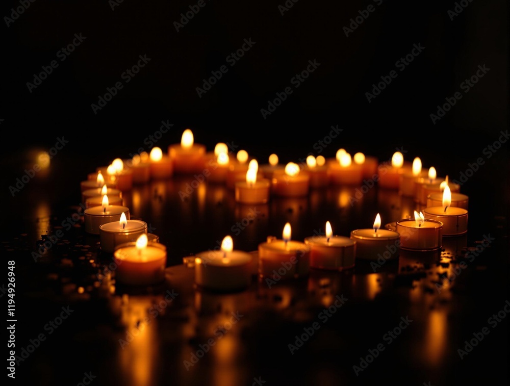 Aufkleber heart-shaped arrangement of lit candles on a dark background. the candles are casting a warm, orange