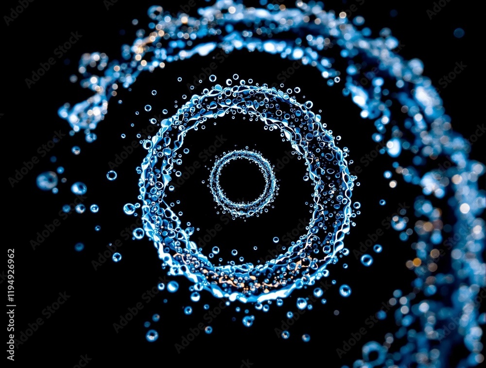 Aufkleber swirling pattern of water droplets against a black background, creating a mesmerizing effect. The droplets are positioned in a circular pattern, with the largest droplet in the center and smaller ones