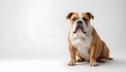 Obraz premium Studio shot of an english bulldog sitting on a white background, creating a clean and minimalist portrait that highlights the dog's strong build and distinctive features