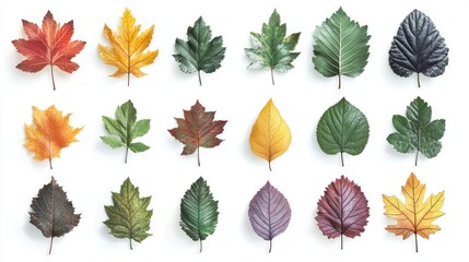 Fototapeta premium Collection of autumn leaves in various colors and shapes on white background.