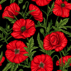 Seamless pattern with hand drawn bright red Poppy flowers on a black background. Vector illustration of summer poppy flowers, buds and leaves. Botanical colored drawing of blossom for textile design