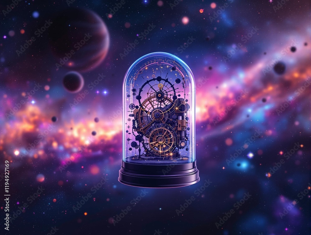 Poster clock with a glass dome, surrounded by a vibrant, cosmic background with stars and galaxies. the clo
