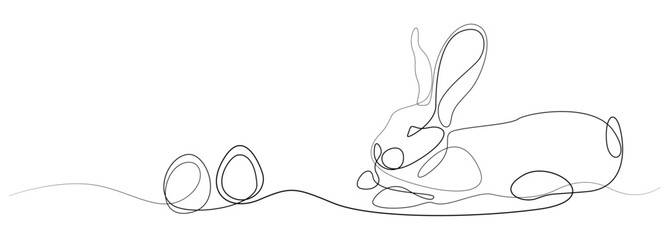 Easter bunny and eggs, one continuous line drawing. Easter illustration with a bunny. Vector illustration of a rabbit in black line isolated from the background. Hare and egg vector design © Mariia