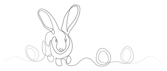 Easter bunny and eggs, one continuous line drawing. Easter illustration with a bunny. Vector illustration of a rabbit in black line isolated from the background. Hare and egg vector design
