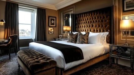Obraz premium Glamorous bedroom featuring a velvet upholstered bed, mirrored side tables, and soft lighting, exuding a luxurious, hotel-inspired ambiance