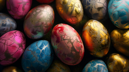 Colorful Easter eggs holiday background, celebrating spring festivities, traditions. Generative AI