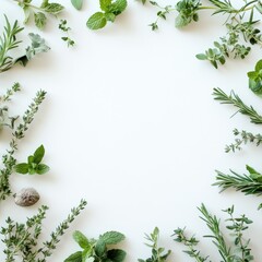 Naklejka premium Herbal Wreath Arrangement with Fresh Rosemary Thyme and Mint White Background Nature Minimalist Organic Design