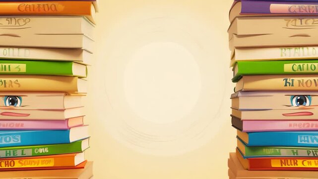 Two tall stacks of colorful cartoon books with expressive faces on the spines, set against a soft, warm background with a zoom effect and depth of field for a cozy, animated vibe.