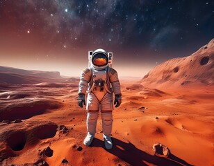Modern astronaut on Mars with starry sky and craters with dust on the ground