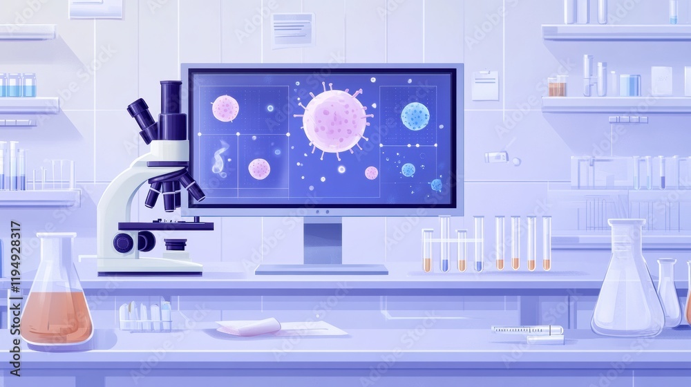 Leinwandbilder microscope and laboratory setup showcasing bacteria visuals on a monitor during a scientific researc