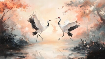 A pair of cranes dancing gracefully in a wetland at sunrise, with soft morning mist