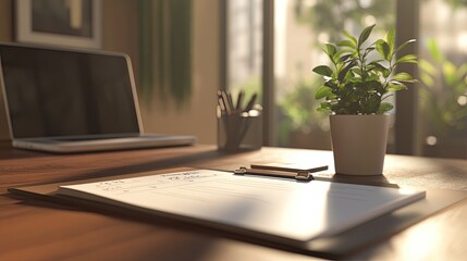 Fototapeta premium A well-organized office desk with a plant, a laptop, and a to-do list pad. Professional and clean.