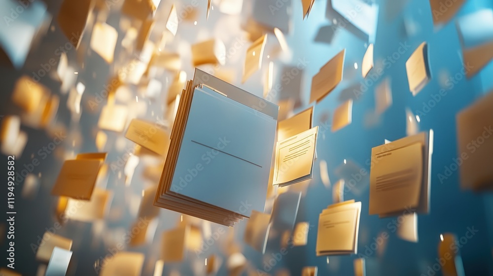 Poster conceptual visualization of document management system with floating folders and files representing 