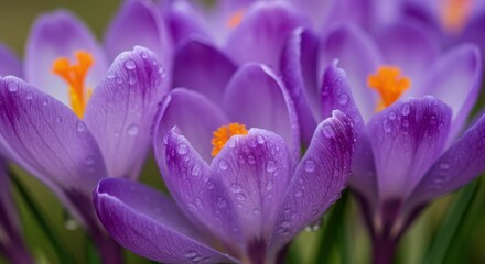Dew-kissed purple crocus blooms in vibrant spring garden
