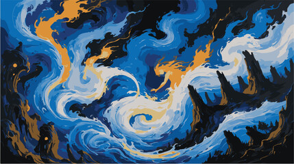 Fiery surreal landscape with swirling dark silhouettes.