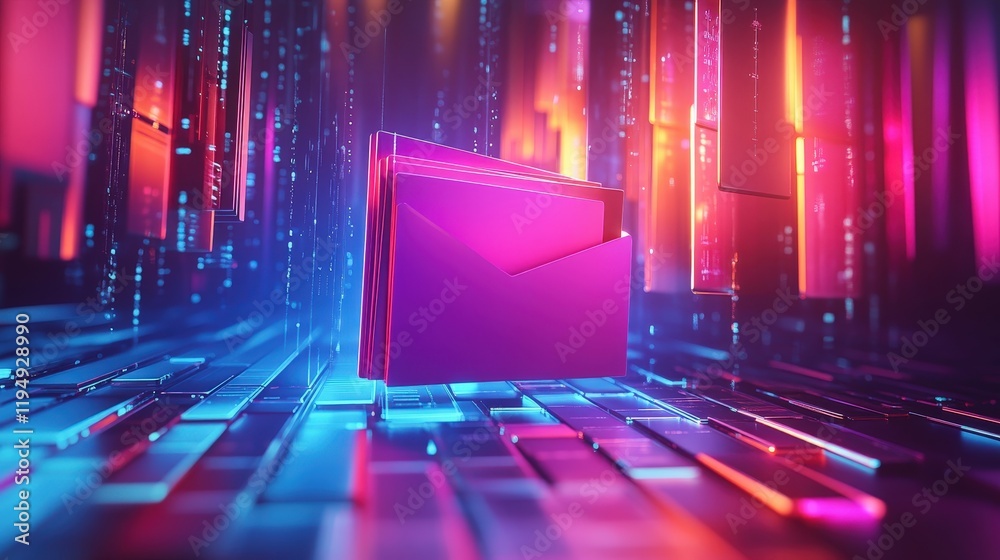 Poster digital management system with colorful folders in futuristic data environment amidst glowing lights