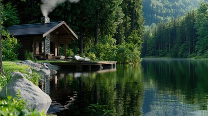 Fototapeta premium Secluded lakeside cabin in the woods